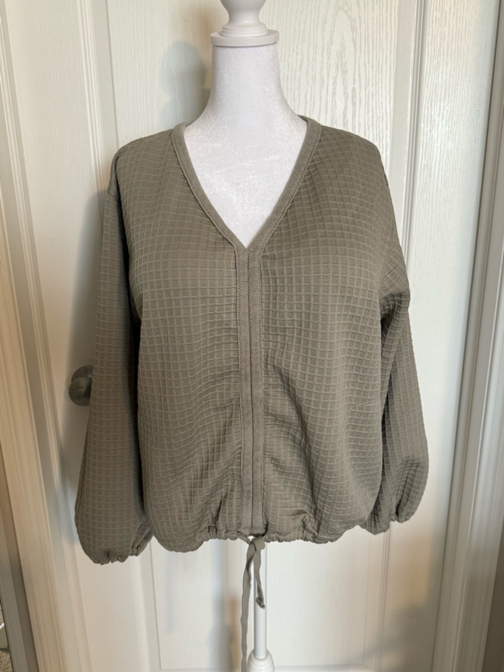 Light Olive V-Neck Waffle Knit Drawstring Pullover